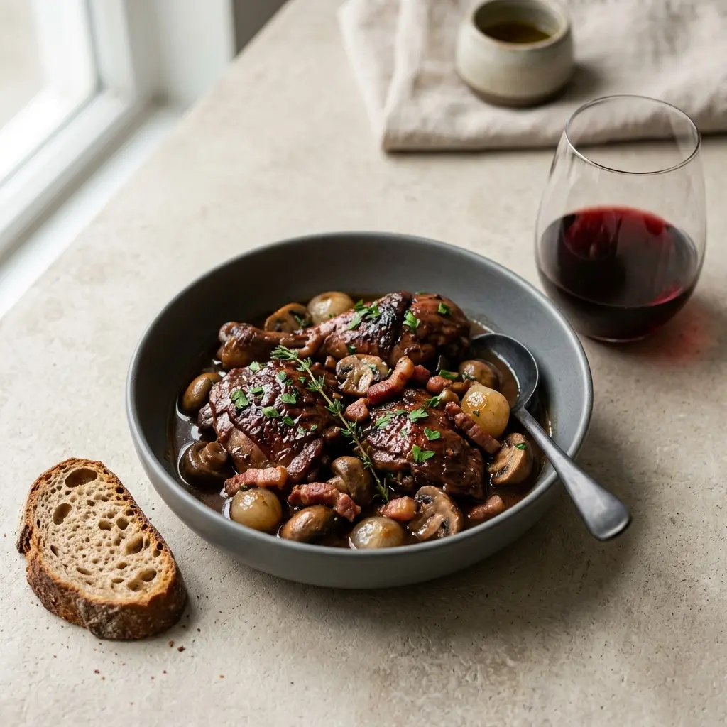 Fotografija recepta Coq au vin kao pripremljenog domaćeg jela
