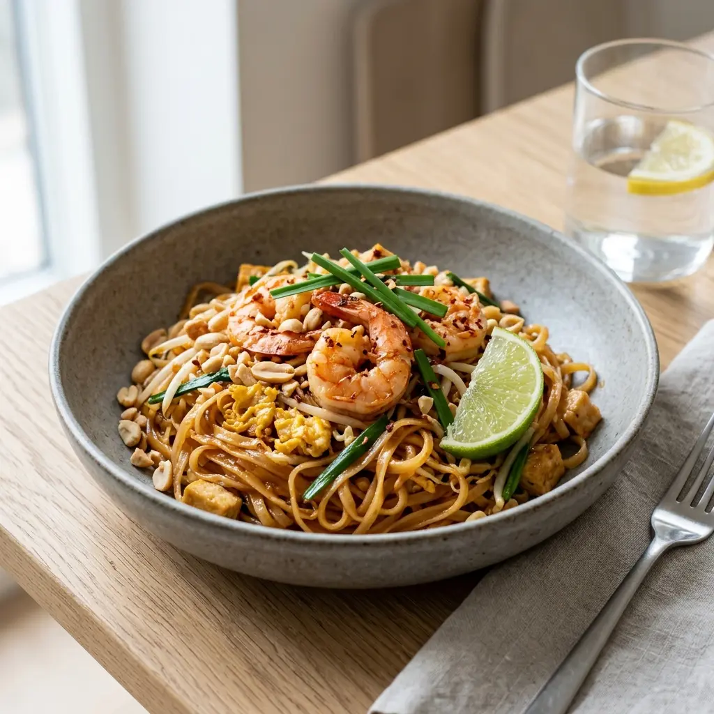 Fotografija recepta Pad Thai sa škampima kao pripremljenog domaćeg jela